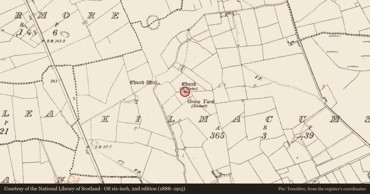 Ordnance Survey six-inch map, 2nd edition (1888–1915) covering the location of Church, Kilmacumsy, County Roscommon, with a pin at the register's coordinates