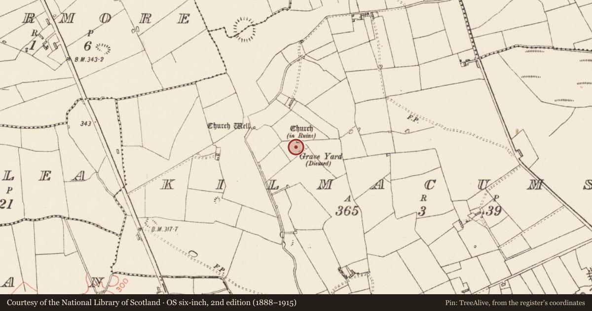 Ordnance Survey six-inch map, 2nd edition (1888–1915) covering the location of Graveyard, Kilmacumsy, County Roscommon, with a pin at the register's coordinates
