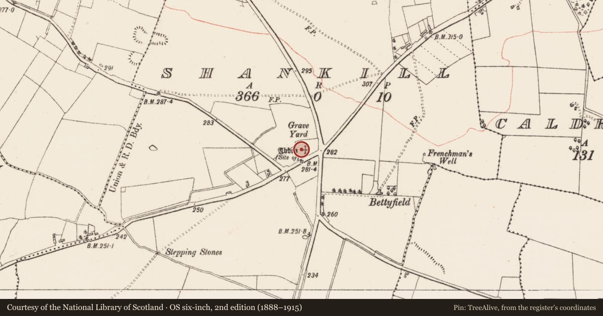 Ordnance Survey six-inch map, 2nd edition (1888–1915) covering the location of Church, Shankill, County Roscommon, with a pin at the register's coordinates