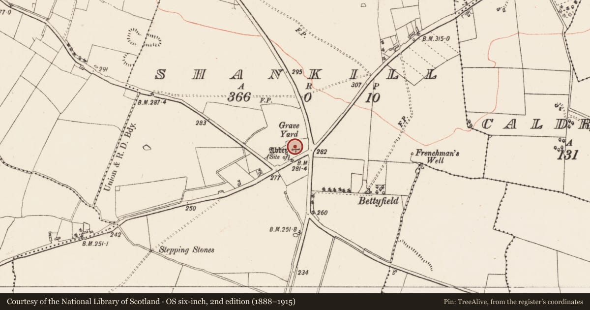 Ordnance Survey six-inch map, 2nd edition (1888–1915) covering the location of Graveyard, Shankill, County Roscommon, with a pin at the register's coordinates