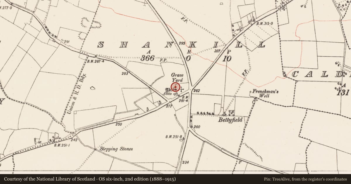 Ordnance Survey six-inch map, 2nd edition (1888–1915) covering the location of Bullaun stone, Shankill, County Roscommon, with a pin at the register's coordinates