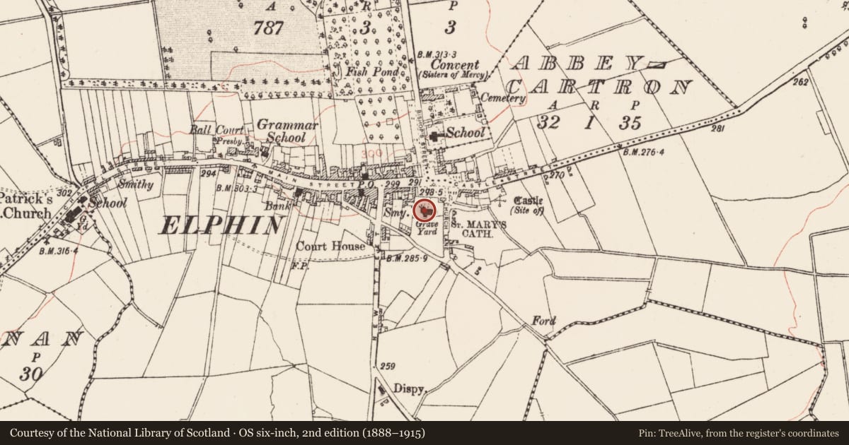 Ordnance Survey six-inch map, 2nd edition (1888–1915) covering the location of Wall monument, Elphin, County Roscommon, with a pin at the register's coordinates