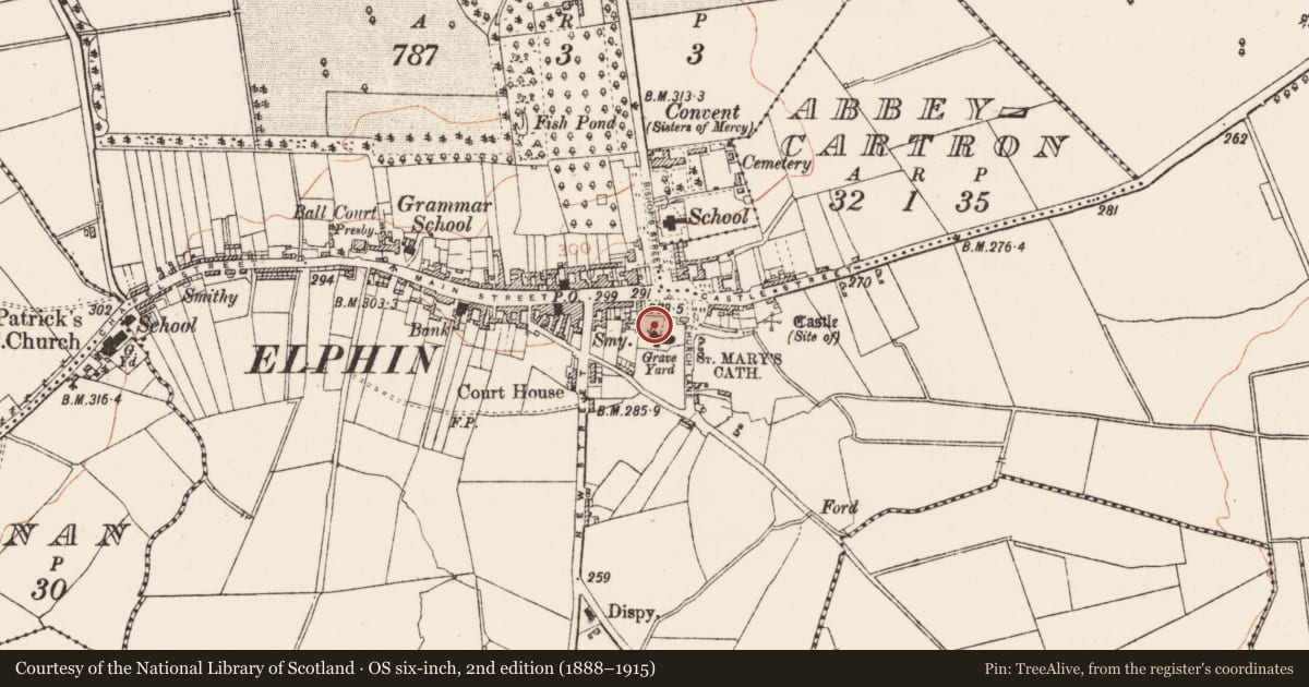 Ordnance Survey six-inch map, 2nd edition (1888–1915) covering the location of Bullaun stone, Elphin, County Roscommon, with a pin at the register's coordinates
