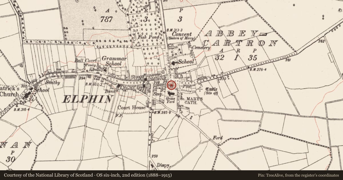 Ordnance Survey six-inch map, 2nd edition (1888–1915) covering the location of Ritual site - holy well, Elphin, County Roscommon, with a pin at the register's coordinates