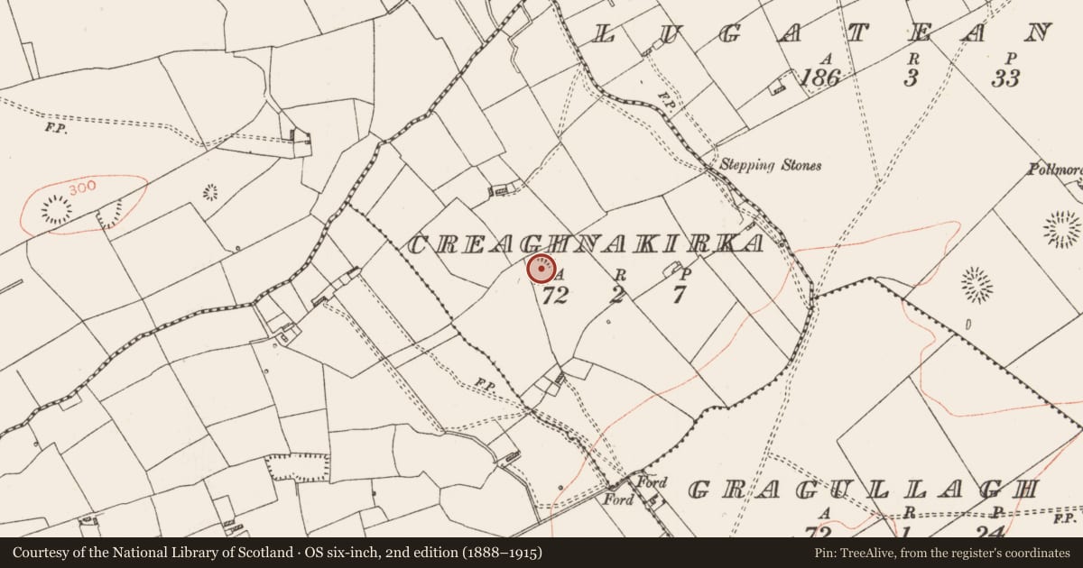 Ordnance Survey six-inch map, 2nd edition (1888–1915) covering the location of Ringfort - rath, Creaghnakirka, County Roscommon, with a pin at the register's coordinates