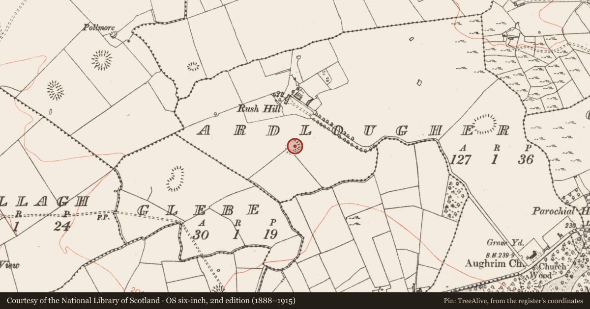 Ordnance Survey six-inch map, 2nd edition (1888–1915) covering the location of Ringfort - rath, Ardlougher, County Roscommon, with a pin at the register's coordinates