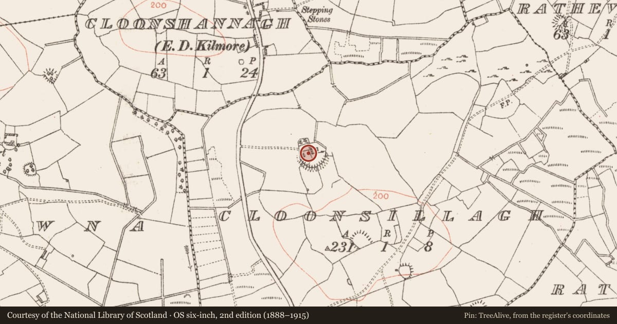 Ordnance Survey six-inch map, 2nd edition (1888–1915) covering the location of Enclosure - large enclosure, Cloonsillagh, County Roscommon, with a pin at the register's coordinates