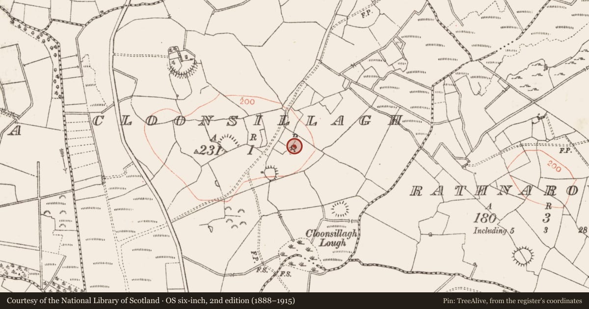 Ordnance Survey six-inch map, 2nd edition (1888–1915) covering the location of Field system, Cloonsillagh, County Roscommon, with a pin at the register's coordinates