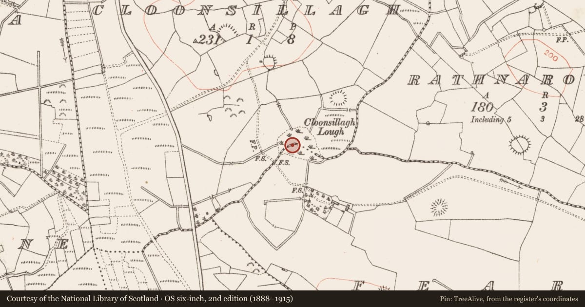 Ordnance Survey six-inch map, 2nd edition (1888–1915) covering the location of Crannog, Fearagh (Caddell), County Roscommon, with a pin at the register's coordinates