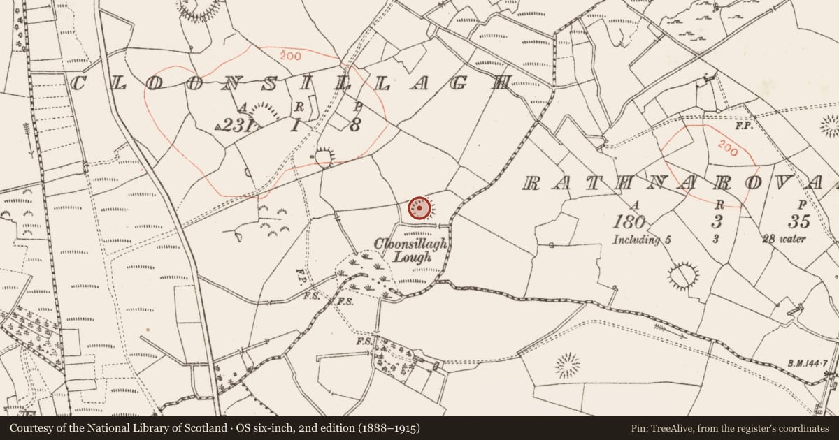Ordnance Survey six-inch map, 2nd edition (1888–1915) covering the location of Ringfort - rath, Cloonsillagh, County Roscommon, with a pin at the register's coordinates