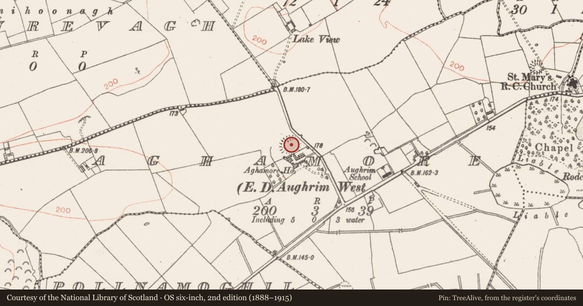 Ordnance Survey six-inch map, 2nd edition (1888–1915) covering the location of Ringfort - rath, Aghamore, County Roscommon, with a pin at the register's coordinates