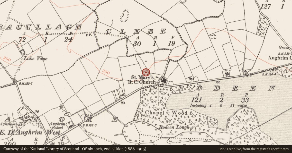Ordnance Survey six-inch map, 2nd edition (1888–1915) covering the location of Ringfort - rath, Aghamore, County Roscommon, with a pin at the register's coordinates