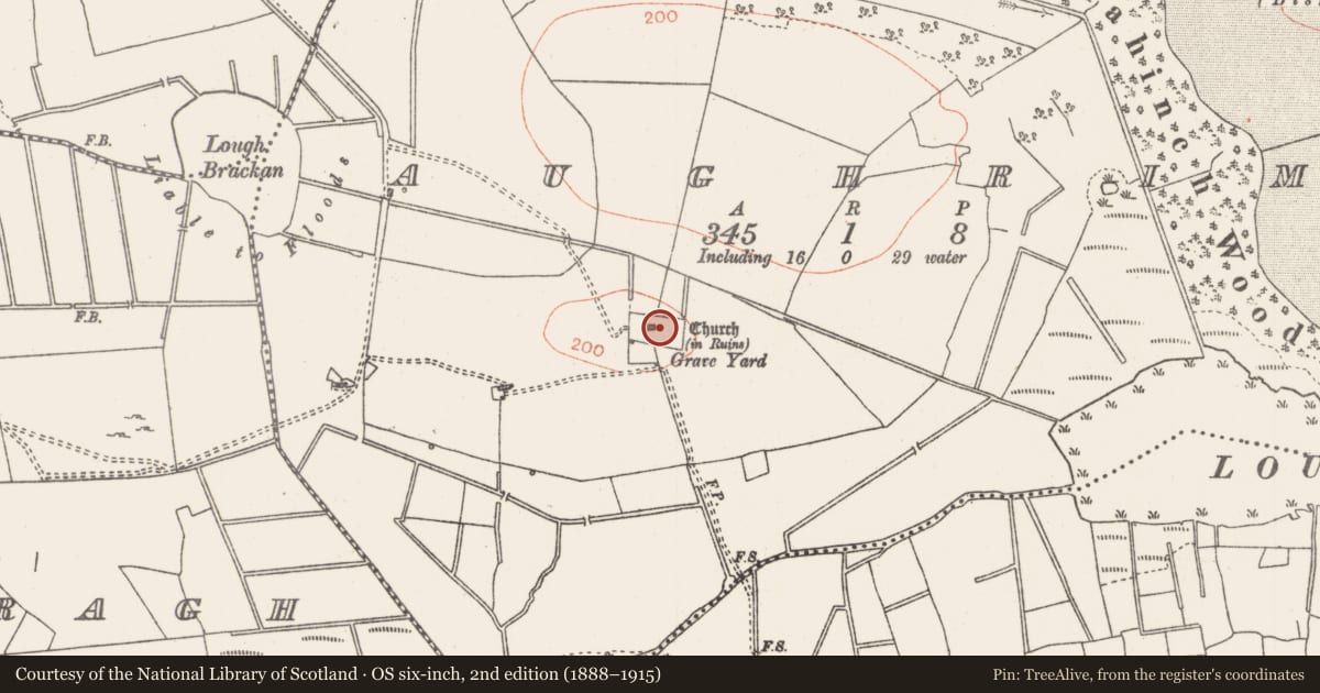 Ordnance Survey six-inch map, 2nd edition (1888–1915) covering the location of Ecclesiastical enclosure, Aughrim, County Roscommon, with a pin at the register's coordinates