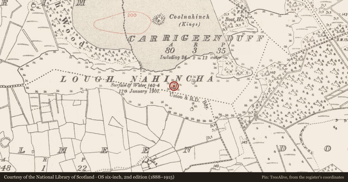Ordnance Survey six-inch map, 2nd edition (1888–1915) covering the location of House - indeterminate date, Carrigeenduff, County Roscommon, with a pin at the register's coordinates