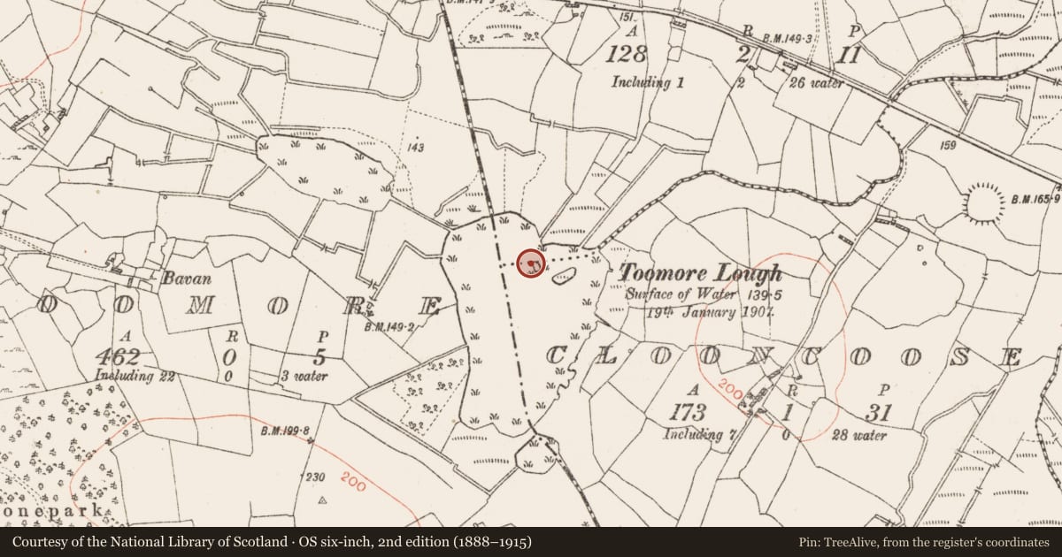 Ordnance Survey six-inch map, 2nd edition (1888–1915) covering the location of Crannog, Clooncoose, County Roscommon, with a pin at the register's coordinates