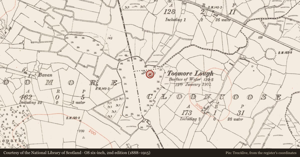 Ordnance Survey six-inch map, 2nd edition (1888–1915) covering the location of Crannog, Clooncoose, County Roscommon, with a pin at the register's coordinates