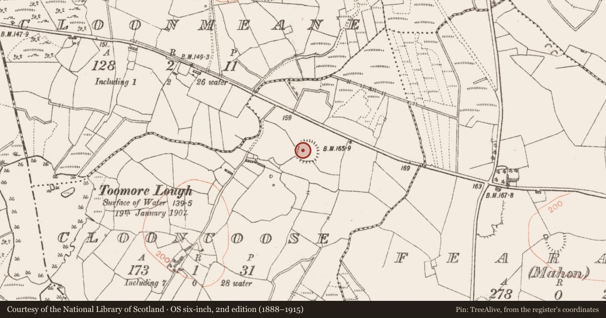 Ordnance Survey six-inch map, 2nd edition (1888–1915) covering the location of Ringfort - rath, Clooncoose, County Roscommon, with a pin at the register's coordinates