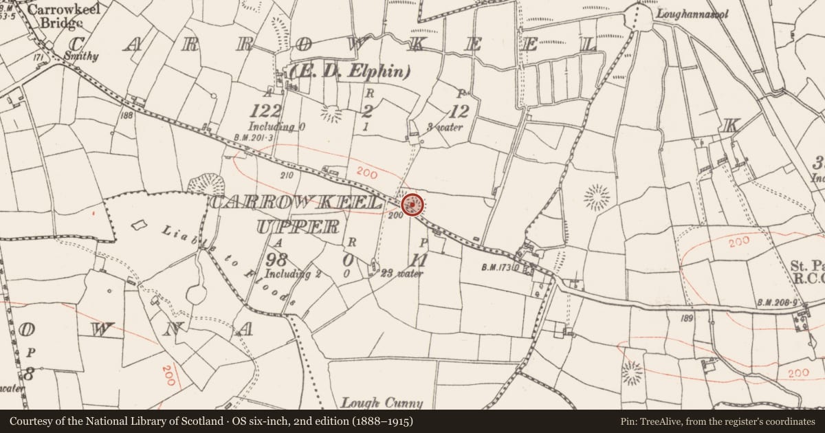 Ordnance Survey six-inch map, 2nd edition (1888–1915) covering the location of Enclosure, Carrowkeel, County Roscommon, with a pin at the register's coordinates