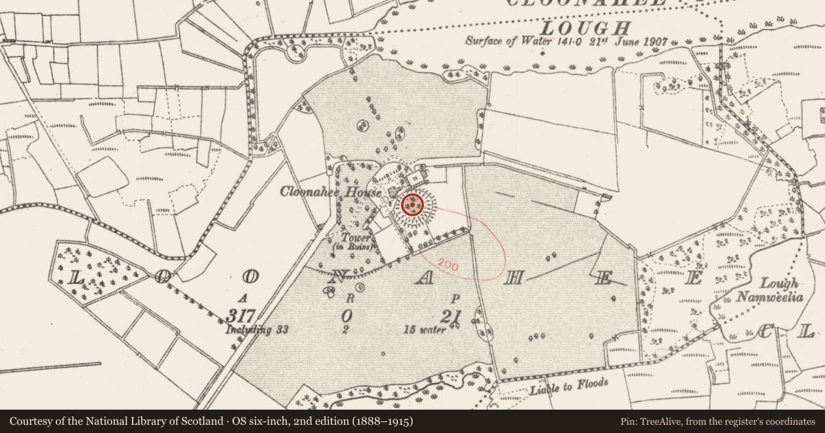 Ordnance Survey six-inch map, 2nd edition (1888–1915) covering the location of Ringfort - rath, Cloonahee, County Roscommon, with a pin at the register's coordinates