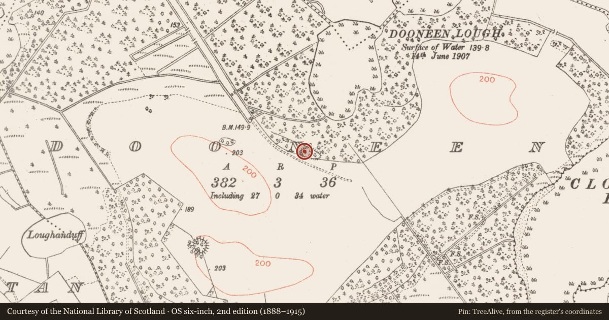 Ordnance Survey six-inch map, 2nd edition (1888–1915) covering the location of Earthwork, Dooneen, County Roscommon, with a pin at the register's coordinates