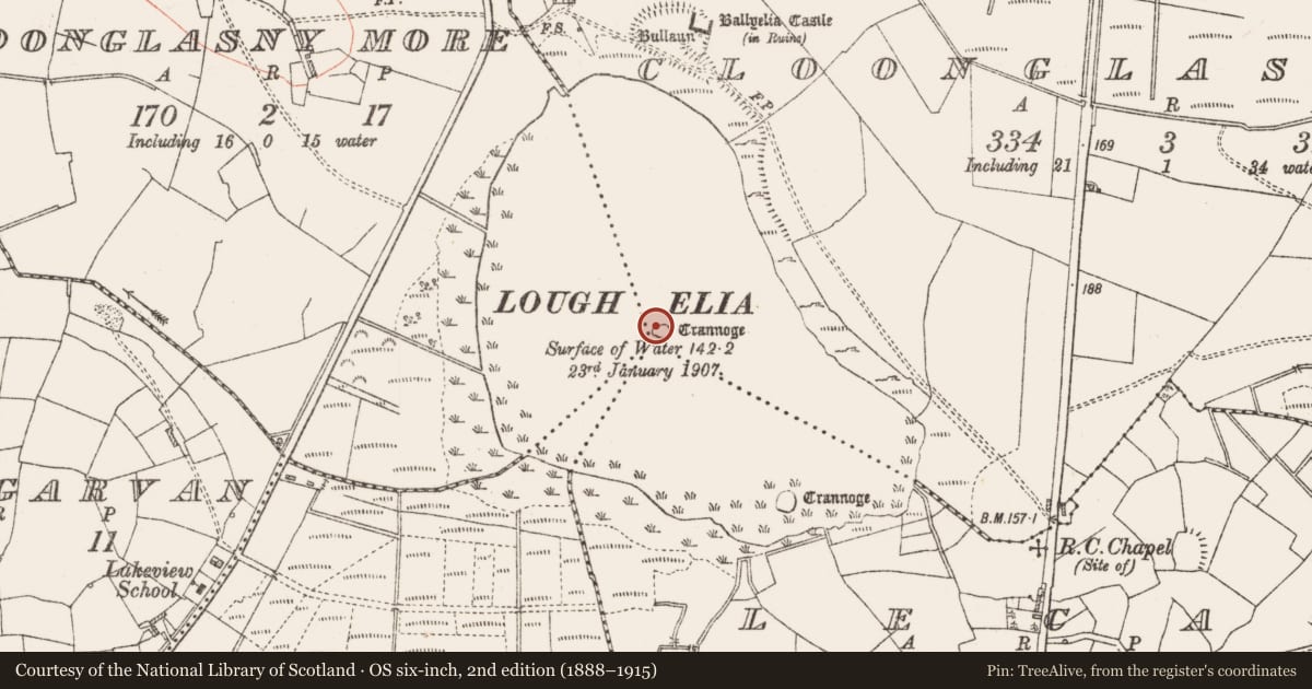Ordnance Survey six-inch map, 2nd edition (1888–1915) covering the location of Crannog, Cloonglasny Beg, County Roscommon, with a pin at the register's coordinates