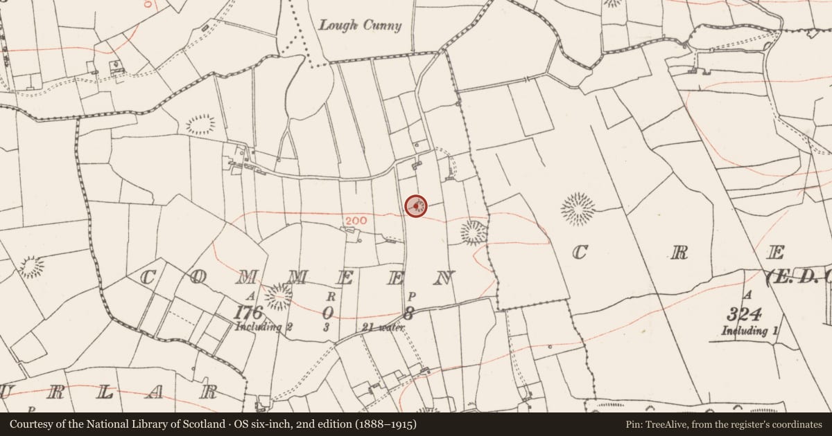 Ordnance Survey six-inch map, 2nd edition (1888–1915) covering the location of Earthwork, Commeen, County Roscommon, with a pin at the register's coordinates