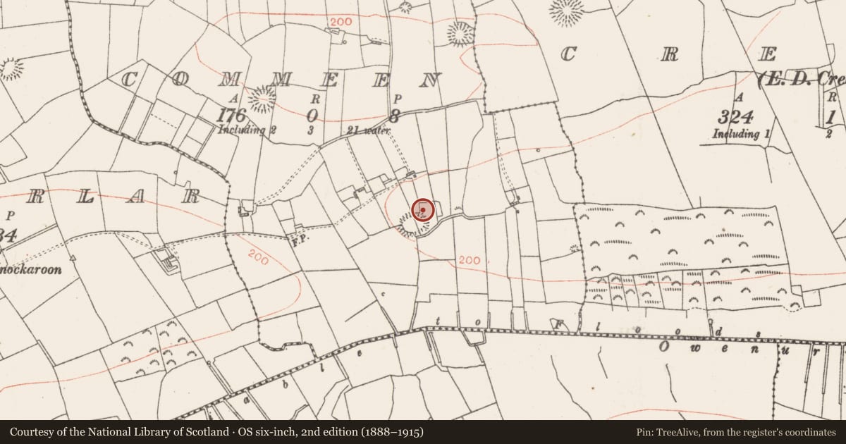 Ordnance Survey six-inch map, 2nd edition (1888–1915) covering the location of Earthwork, Commeen, County Roscommon, with a pin at the register's coordinates