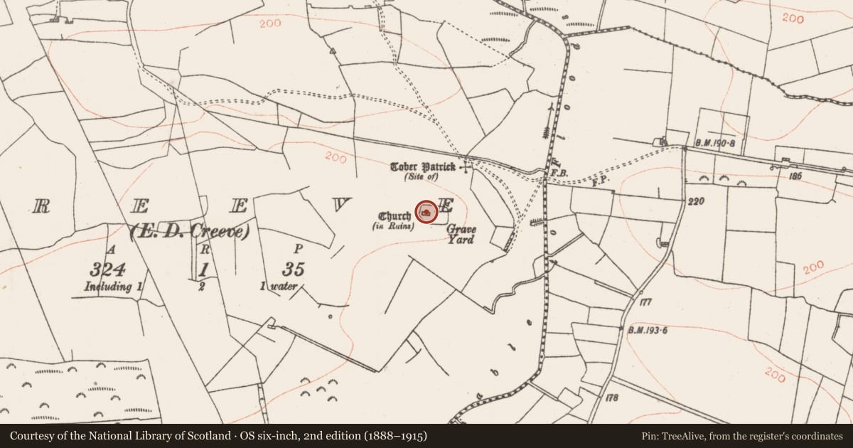 Ordnance Survey six-inch map, 2nd edition (1888–1915) covering the location of Church, Creeve, County Roscommon, with a pin at the register's coordinates