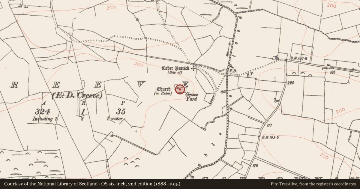 Ordnance Survey six-inch map, 2nd edition (1888–1915) covering the location of Graveyard, Creeve, County Roscommon, with a pin at the register's coordinates