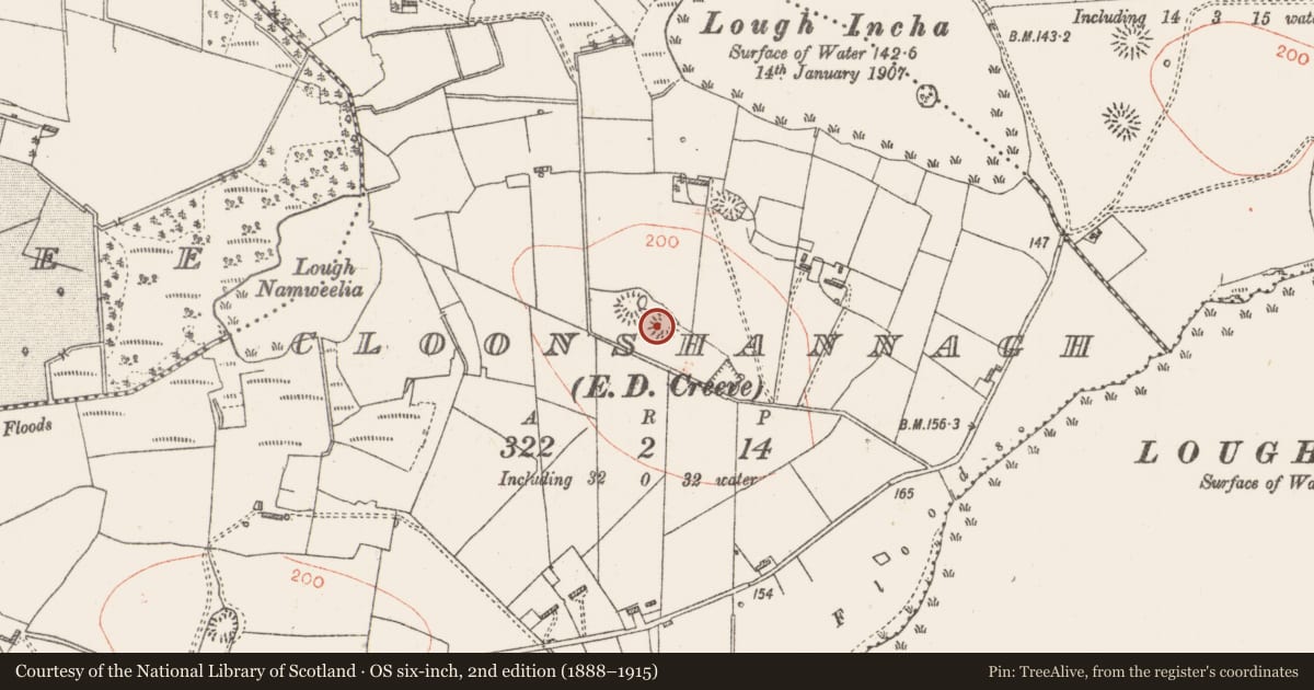 Ordnance Survey six-inch map, 2nd edition (1888–1915) covering the location of Ringfort - rath, Cloonshannagh, County Roscommon, with a pin at the register's coordinates