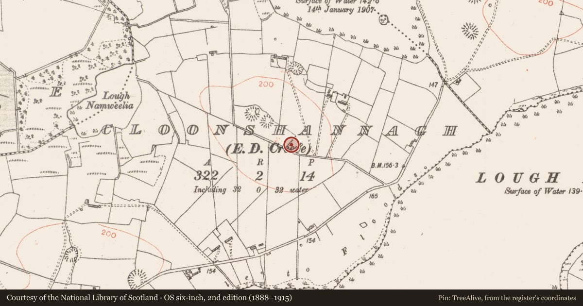 Ordnance Survey six-inch map, 2nd edition (1888–1915) covering the location of Moated site, Cloonshannagh, County Roscommon, with a pin at the register's coordinates