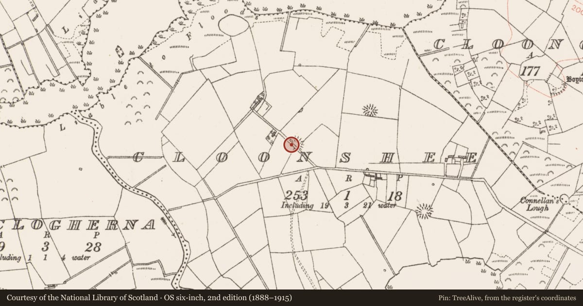 Ordnance Survey six-inch map, 2nd edition (1888–1915) covering the location of Ringfort - rath, Cloonshee, County Roscommon, with a pin at the register's coordinates