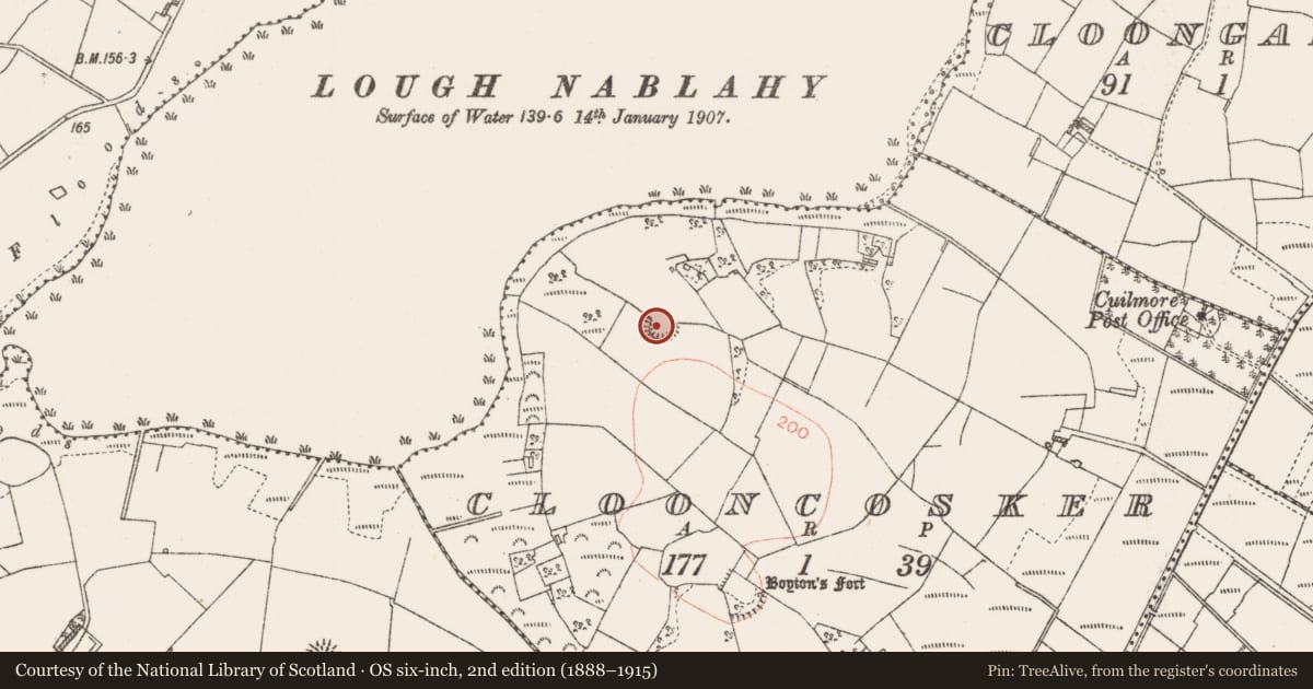 Ordnance Survey six-inch map, 2nd edition (1888–1915) covering the location of Ringfort - rath, Clooncosker, County Roscommon, with a pin at the register's coordinates