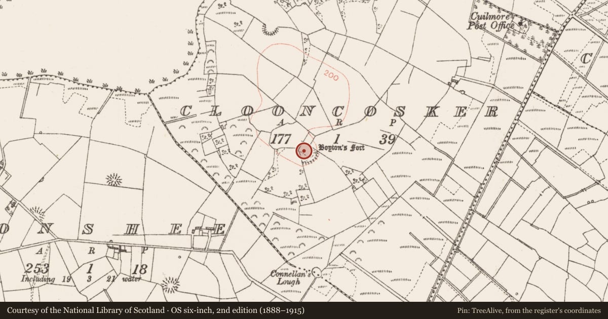 Ordnance Survey six-inch map, 2nd edition (1888–1915) covering the location of Ringfort - rath, Clooncosker, County Roscommon, with a pin at the register's coordinates