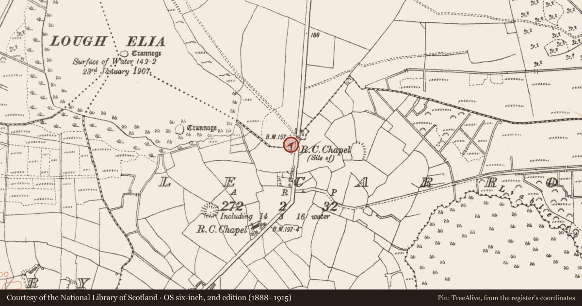 Ordnance Survey six-inch map, 2nd edition (1888–1915) covering the location of Church, Lecarrow, County Roscommon, with a pin at the register's coordinates