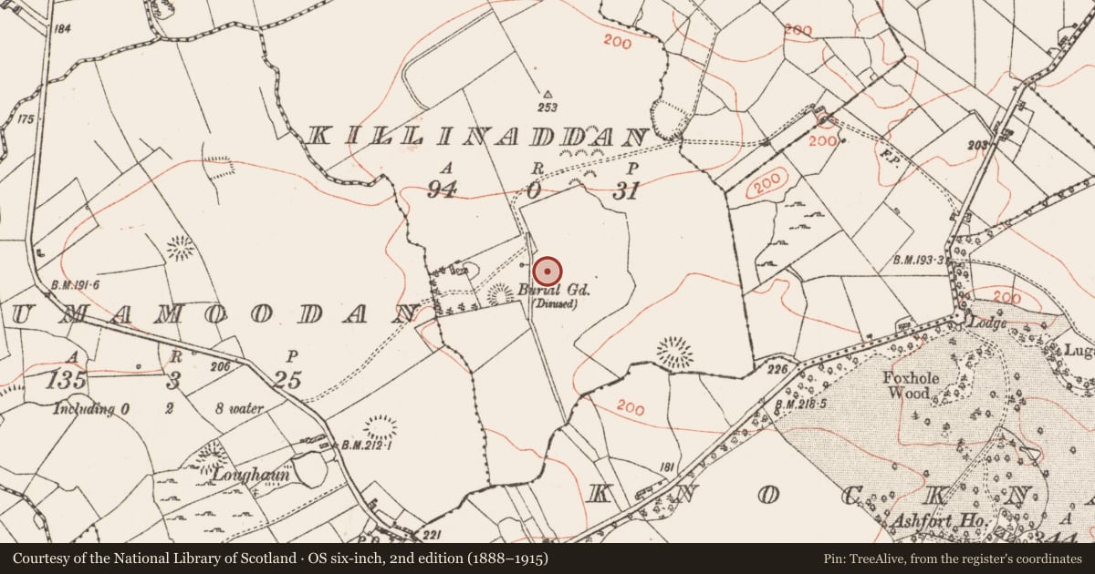Ordnance Survey six-inch map, 2nd edition (1888–1915) covering the location of Fulacht fia, Killinaddan, County Roscommon, with a pin at the register's coordinates