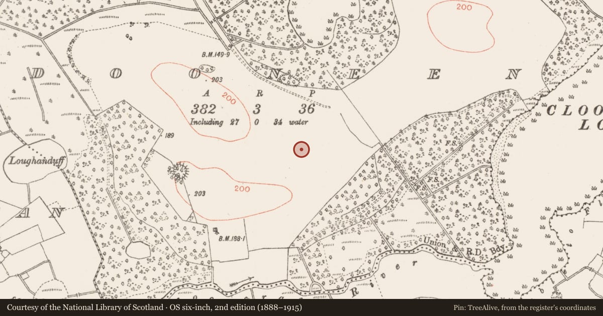 Ordnance Survey six-inch map, 2nd edition (1888–1915) covering the location of Enclosure, Dooneen, County Roscommon, with a pin at the register's coordinates