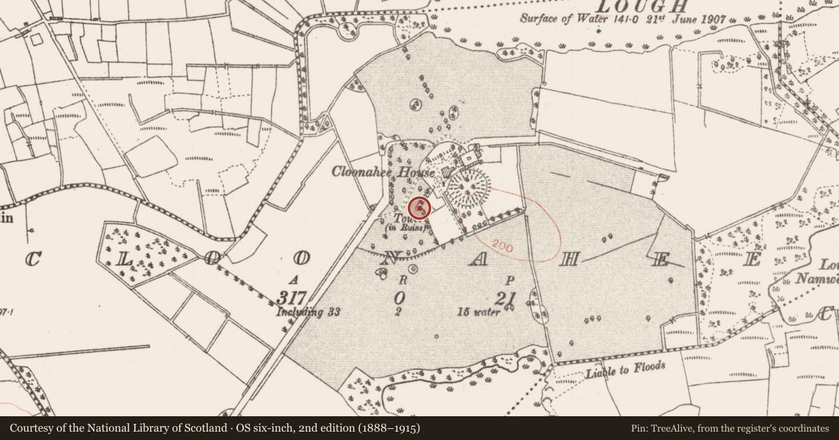 Ordnance Survey six-inch map, 2nd edition (1888–1915) covering the location of Structure, Cloonahee, County Roscommon, with a pin at the register's coordinates