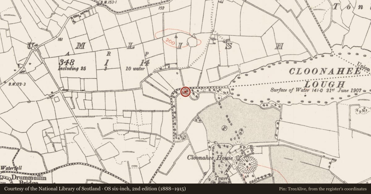 Ordnance Survey six-inch map, 2nd edition (1888–1915) covering the location of Burial, Cloonahee, Drumlish, County Roscommon, with a pin at the register's coordinates