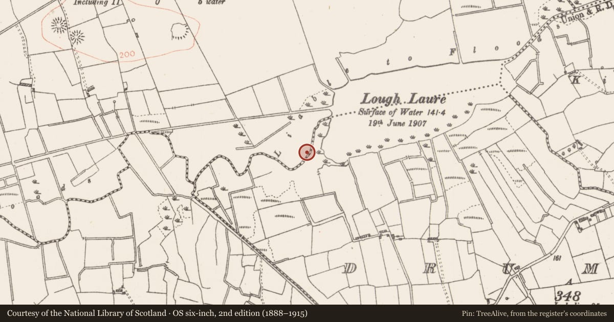 Ordnance Survey six-inch map, 2nd edition (1888–1915) covering the location of Burial, Carrownaglearagh, County Roscommon, with a pin at the register's coordinates