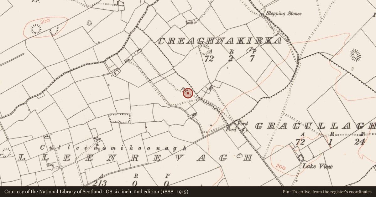 Ordnance Survey six-inch map, 2nd edition (1888–1915) covering the location of Ringfort - rath, Creaghnakirka, County Roscommon, with a pin at the register's coordinates