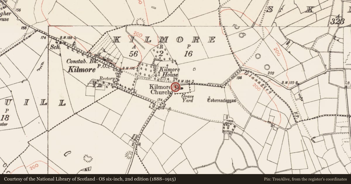 Ordnance Survey six-inch map, 2nd edition (1888–1915) covering the location of Graveslab, Kilmore, County Roscommon, with a pin at the register's coordinates