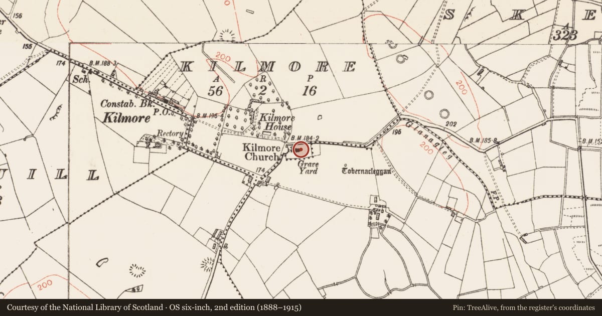 Ordnance Survey six-inch map, 2nd edition (1888–1915) covering the location of Graveyard, Kilmore, County Roscommon, with a pin at the register's coordinates
