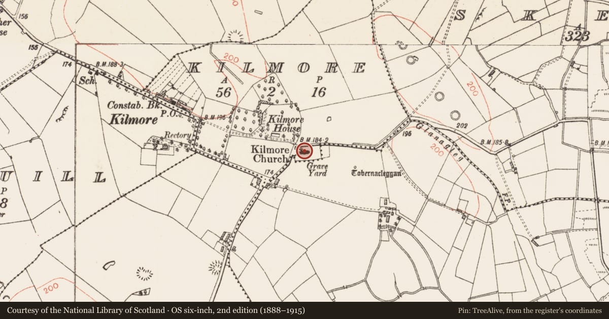 Ordnance Survey six-inch map, 2nd edition (1888–1915) covering the location of Ecclesiastical enclosure, Kilmore, County Roscommon, with a pin at the register's coordinates