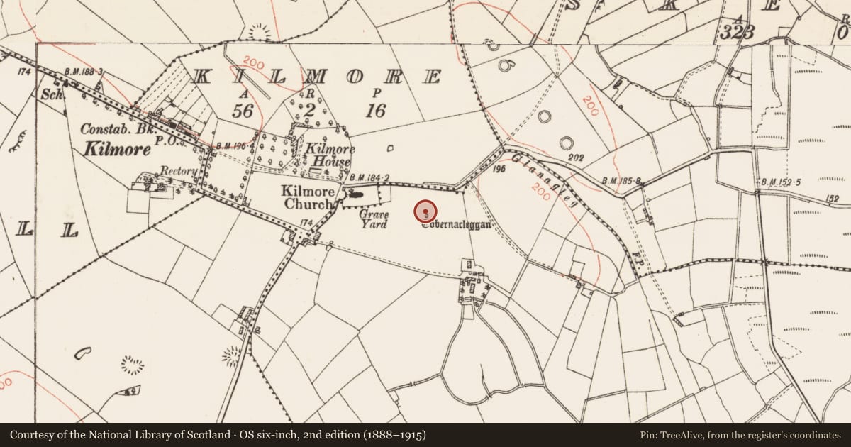 Ordnance Survey six-inch map, 2nd edition (1888–1915) covering the location of Ritual site - holy well, Clooncommon More, County Roscommon, with a pin at the register's coordinates