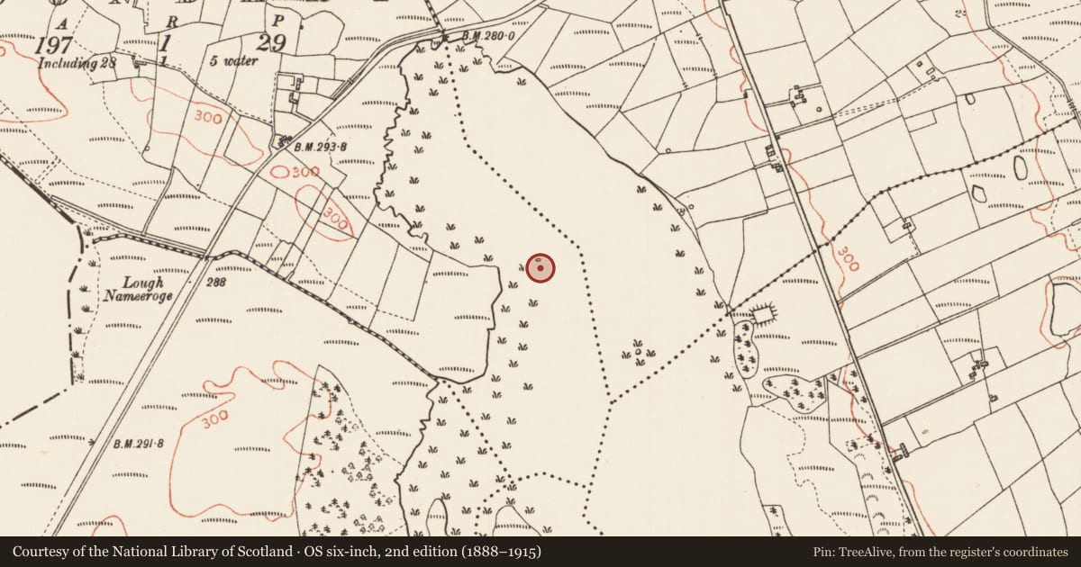 Ordnance Survey six-inch map, 2nd edition (1888–1915) covering the location of Crannog, Cloondart, County Roscommon, with a pin at the register's coordinates