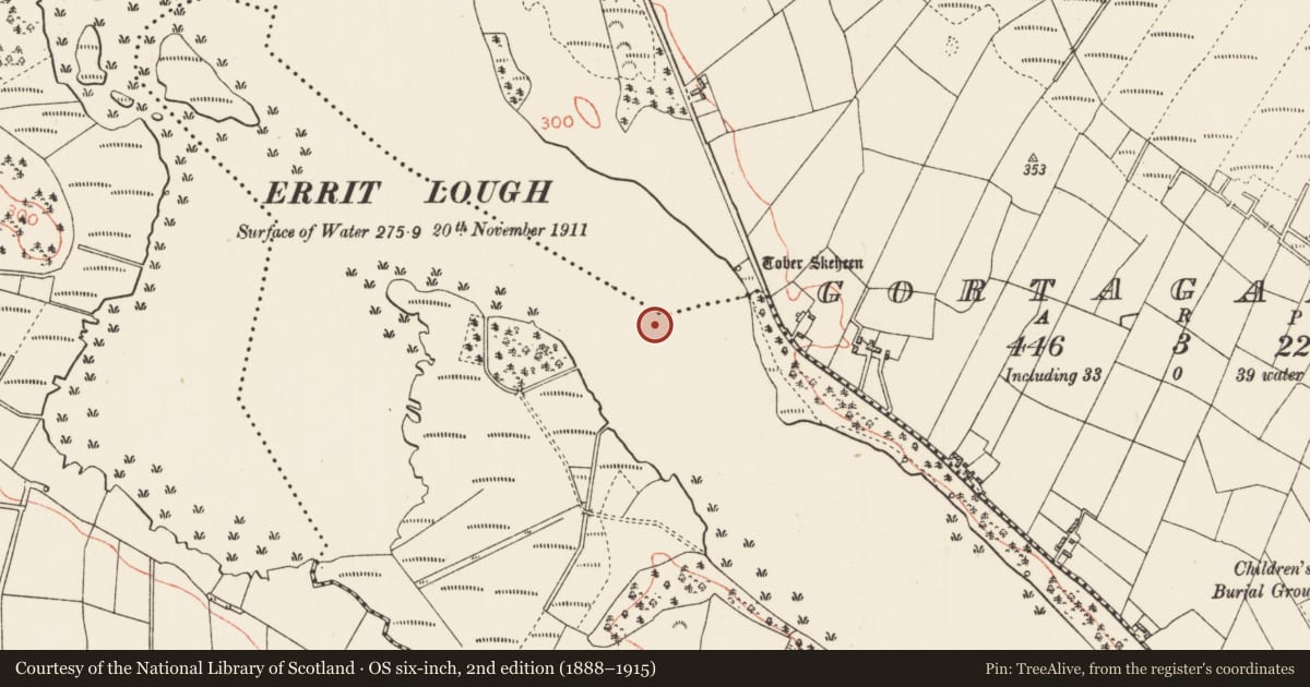 Ordnance Survey six-inch map, 2nd edition (1888–1915) covering the location of Crannog, Derreenamackaun, Gortaganny, County Roscommon, with a pin at the register's coordinates