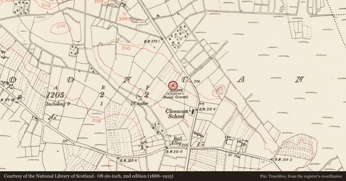Ordnance Survey six-inch map, 2nd edition (1888–1915) covering the location of Children's burial ground, Clooncan, County Roscommon, with a pin at the register's coordinates
