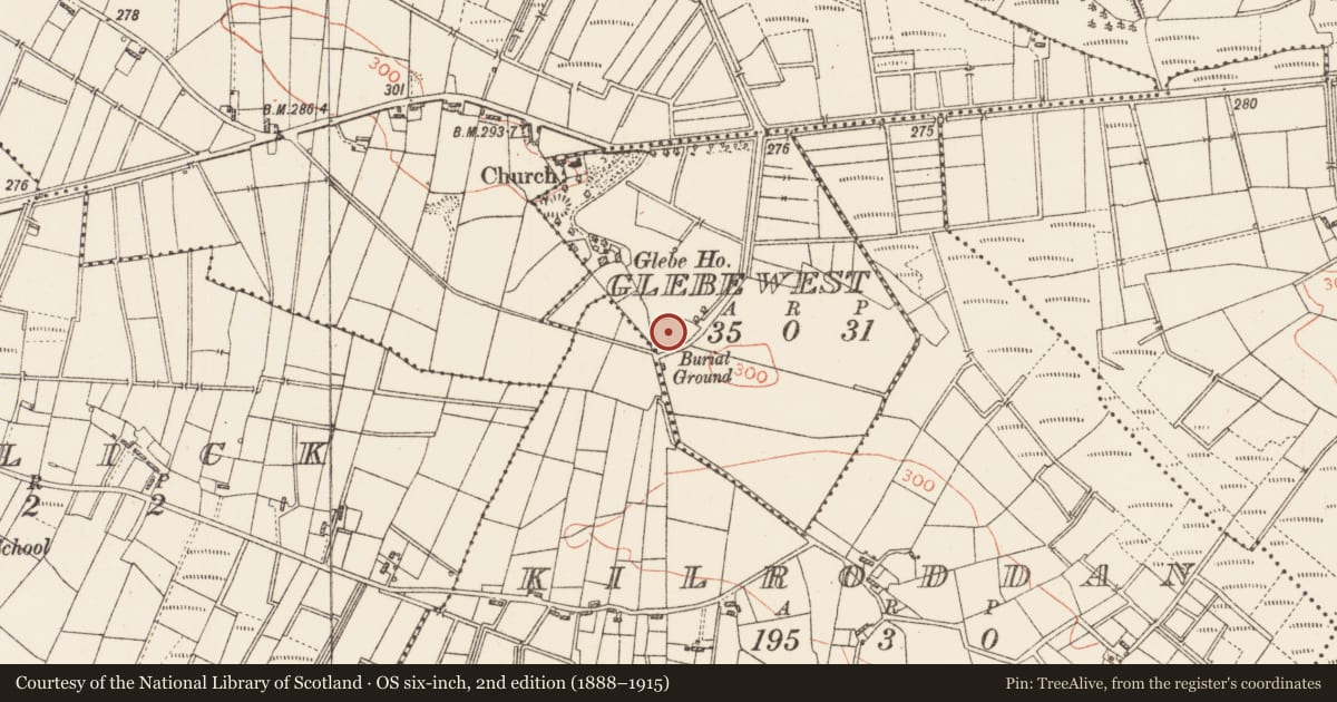 Ordnance Survey six-inch map, 2nd edition (1888–1915) covering the location of Church, Glebe West, County Roscommon, with a pin at the register's coordinates