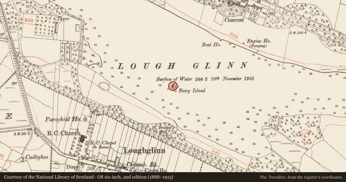 Ordnance Survey six-inch map, 2nd edition (1888–1915) covering the location of Crannog, Loughglinn Demesne, County Roscommon, with a pin at the register's coordinates